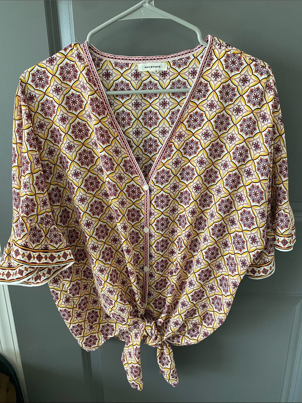 Max Studio Yellow and Burgundy Geometric Tie-Front Blouse
